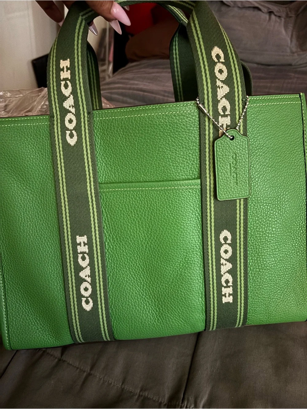 Coach Bright Green Pebbled Leather Tote with Branded Webbing Straps
